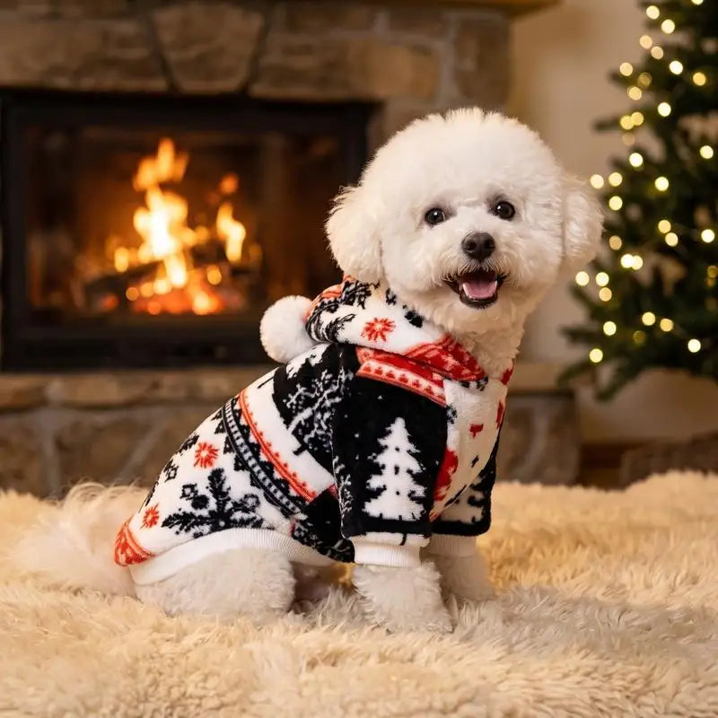 Christmas Flannel Pet Hoodie with Pom Pom Hat – Festive Outfit for Dogs & Cats