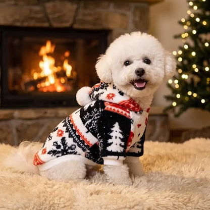 Christmas Flannel Pet Hoodie with Pom Pom Hat – Festive Outfit for Dogs & Cats