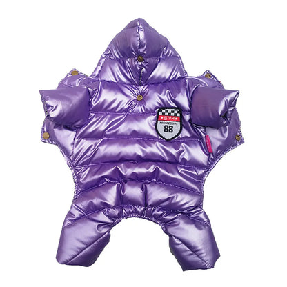 Shiny Hooded Dog Puffer Jumpsuit – Quilted Four-Leg Winter Coat
