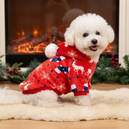 Christmas Flannel Pet Hoodie with Pom Pom Hat – Festive Outfit for Dogs & Cats