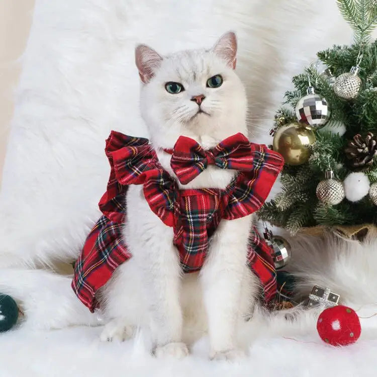 Christmas Plaid Pet Dress – Classic Holiday Party Outfit for Dogs & Cats