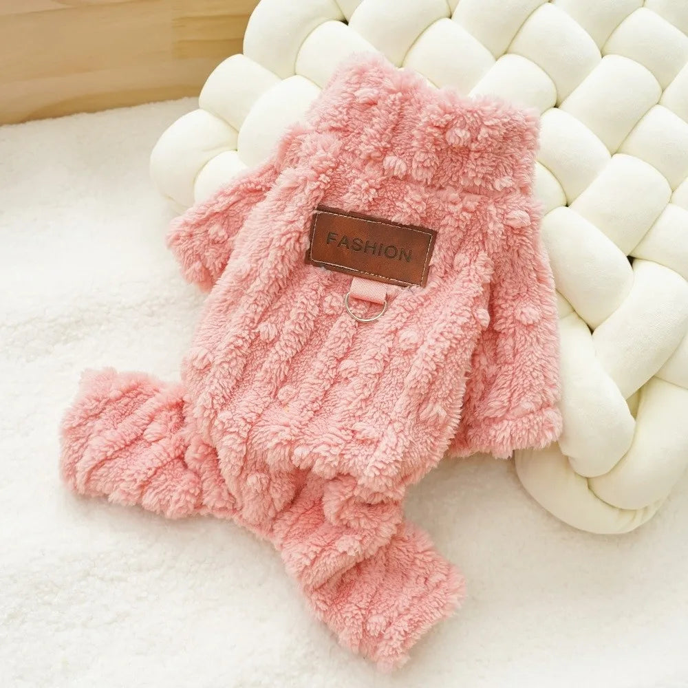 Thick Plush Dog Jumpsuit with D-Ring – Warm Four-Leg Winter Coat