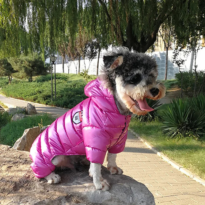 Shiny Hooded Dog Puffer Jumpsuit – Quilted Four-Leg Winter Coat