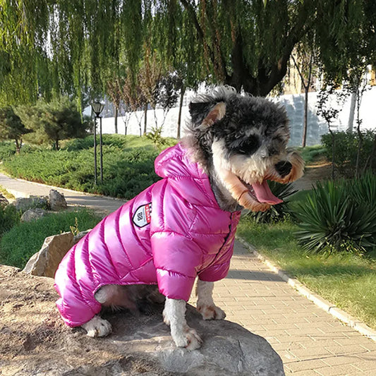 Shiny Hooded Dog Puffer Jumpsuit – Quilted Four-Leg Winter Coat