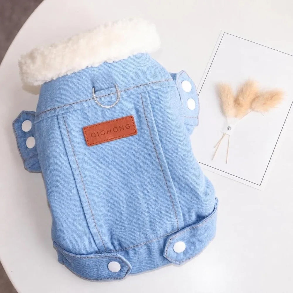 Denim Style Pet Winter Vest – Warm Windproof Coat with D-Ring for Dogs & Cats