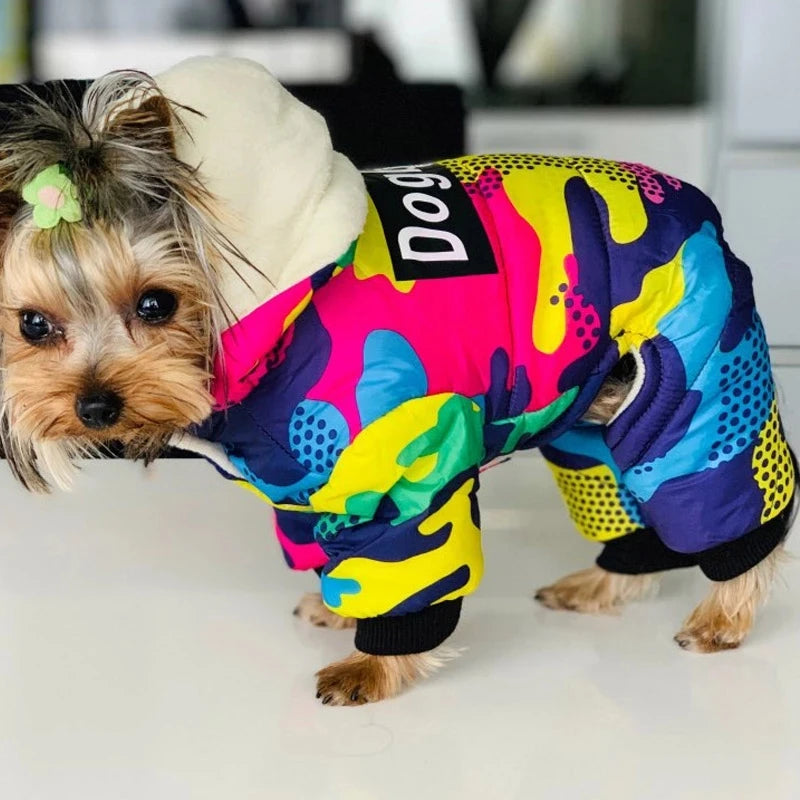 Thickened Waterproof Dog Winter Jumpsuit – Warm Hooded Coat for Small & Medium Dogs