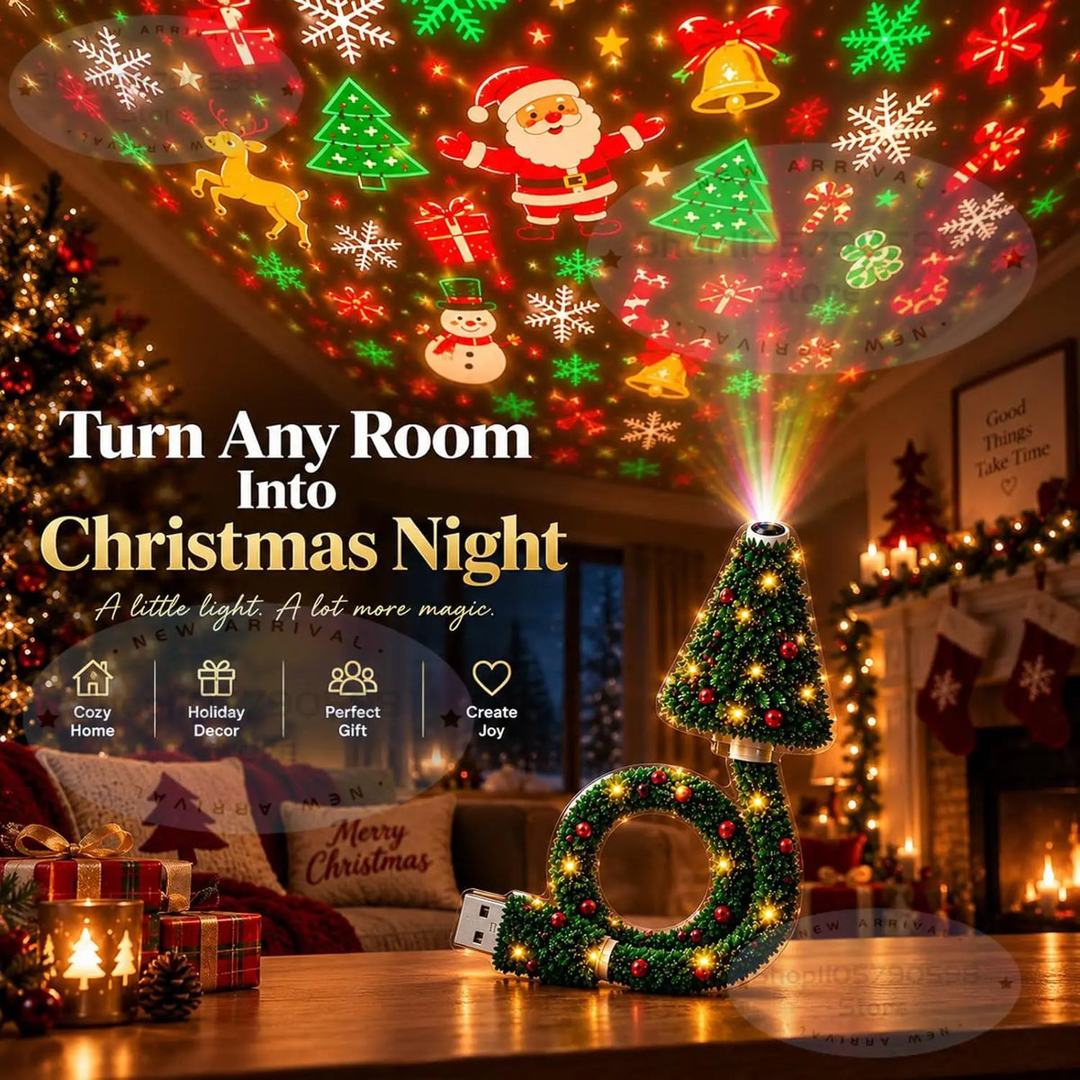 Christmas Projector Tree Light – USB Holiday Night Lamp with 6+ Festive Patterns