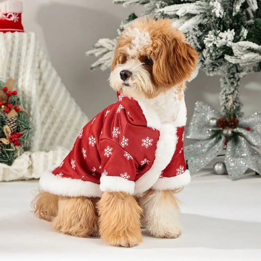 Snowflake Christmas Pet Jumpsuit – Thickened Plush Hooded Coat for Dogs & Cats