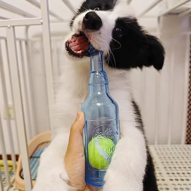 Beer Bottle Dog Chew Toy with Tennis Ball – Squeaky Interactive Dental Toy